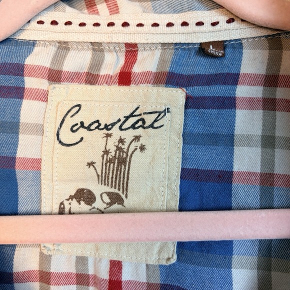 Coastal Shirt Mens Large Blue Red Plaid Western Pearl Snap Long Sleeve Cowboy - Picture 3 of 5